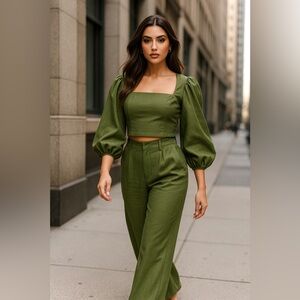 & Other Stories Los Angeles Atelier Olive Green Square Neck Puff Sleeve Top Sz 6